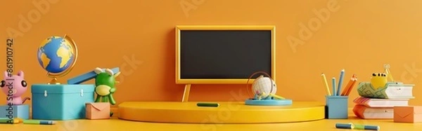 Fototapeta 3D Rendering back to school interior study room for children cute icon cartoon style. 3D Render illustration. AI generated illustration