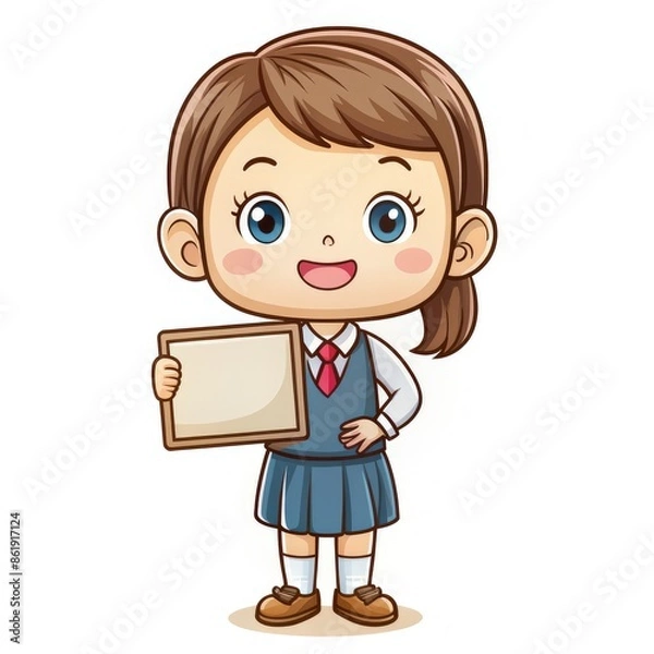 Fototapeta Cute Girl Student Character Holding Blank Sign. Generative AI