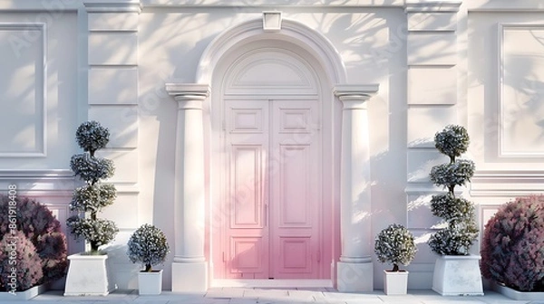 Fototapeta door painted in a gradient from pale pink to deep rose, framed by a classical white archway and flanked by topiaries