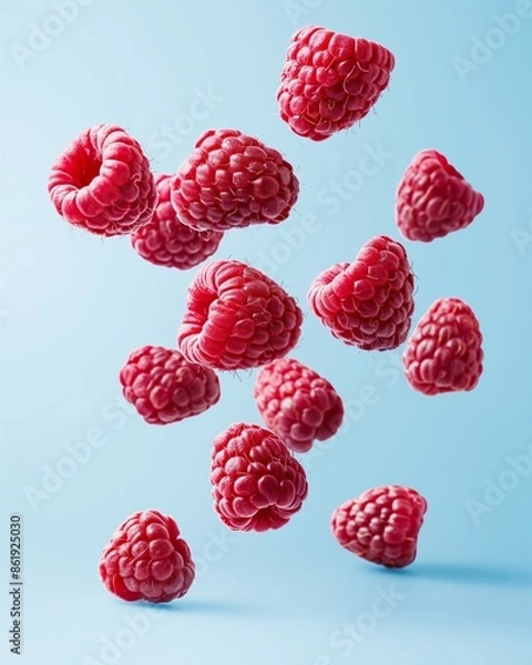 Fototapeta Fresh raspberries levitating in the air against a light blue background. Summer refreshment concept.	