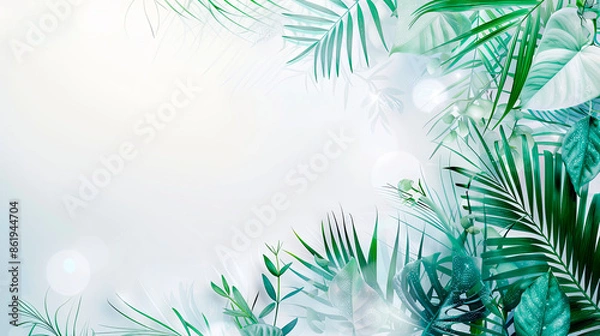 Fototapeta Minimalistic tropical background with green leaves and white flowers on a light background. Concept: nature, simplicity, and elegance. Suitable for presentations, invitations, and background imagery.