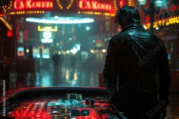 Fototapeta Someone is standing in front of a casino table in the rain, gambling concept