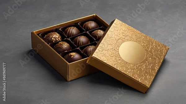 Fototapeta Premium chocolate box mockup, elegant rectangular box with a luxurious matte finish, gold foil logo and ribbon detail, high-resolution 3D render with realistic textures and shadows, top and side views
