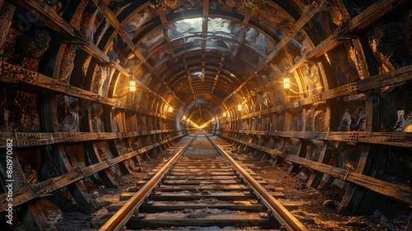 Fototapeta Underground Mining Tunnel with Industrial Lighting