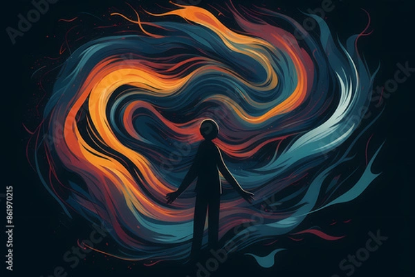 Obraz surreal illustration depicting a person's silhouette with a chaotic swirl of thoughts, symbols, and emotions emanating from their head, representing various mental health challenges.