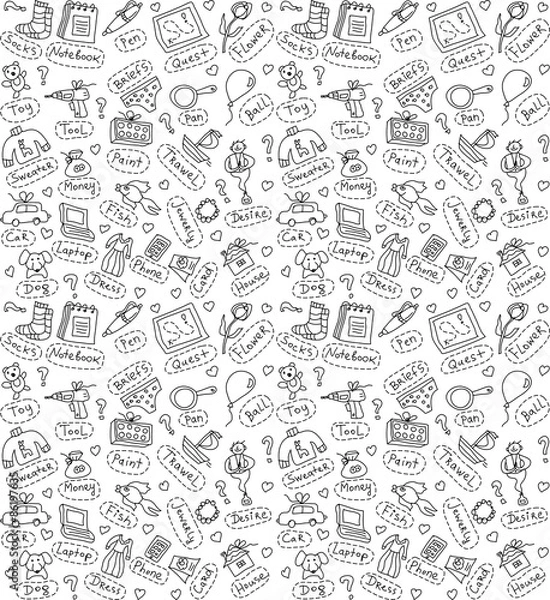 Fototapeta Different gifts and present black and white seamless pattern

Seamless pattern with gift ideas and different presents icons and objects. Black and white doodles illustration.