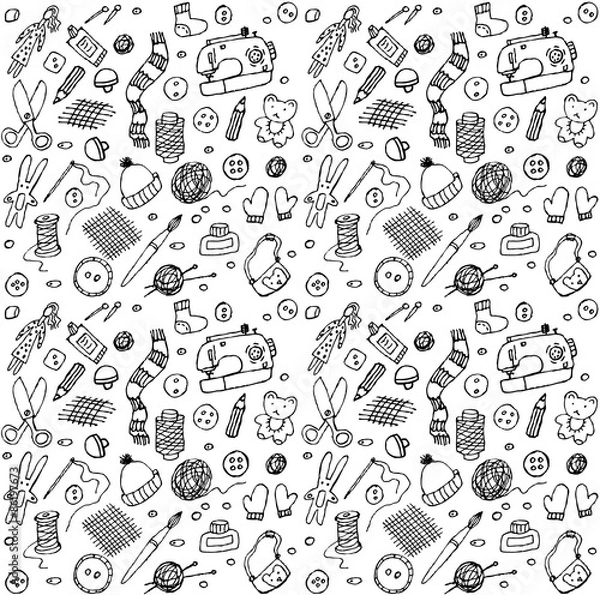 Fototapeta Handmade doodles objects and icons seamless pattern