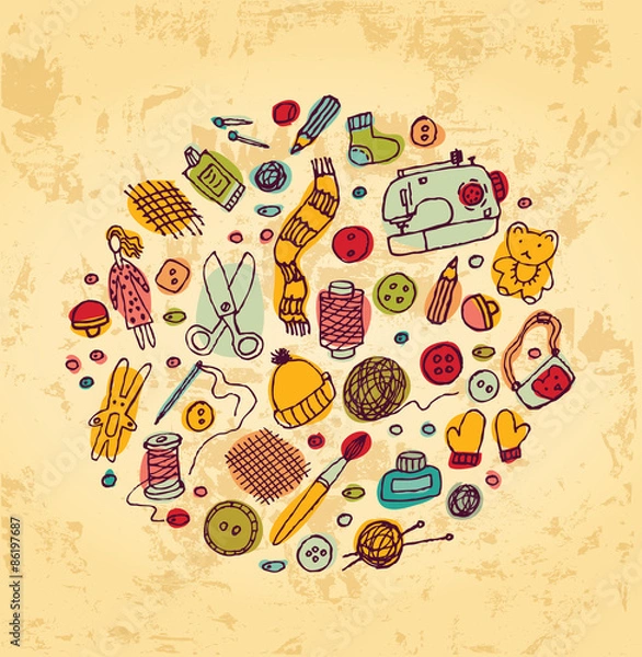 Fototapeta Handmade icons and objects round grunge background
Card with handmade icons. Color illustration.