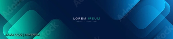 Obraz Abstract blue horizontal banner background with glowing blue and green geometric square shapes. Modern graphic design. Suit for header, cover, presentation, business, corporate, website