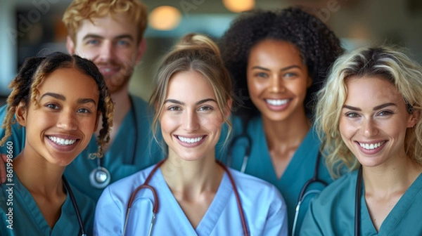 Fototapeta A group of smiling nurses in blue scrubs, team of doctors