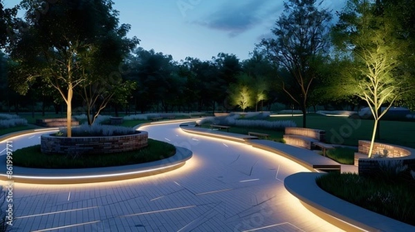 Fototapeta contemporary public park with winding paths lined by modern brick walls, incorporating seating areas and LED lighting for nighttime ambiance