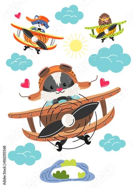 Fototapeta Animals pilots postcard. Raccoon and hedgehog in races at planes. Fantasy and imagination. Fairy tale for kids. Greeting card template. Flight and trip. Cartoon flat vector illustration