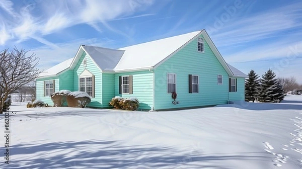 Fototapeta home featuring vinyl siding in bright mint green, reflecting the sparse winter light and adding a fresh, cheerful touch to the snowy landscape