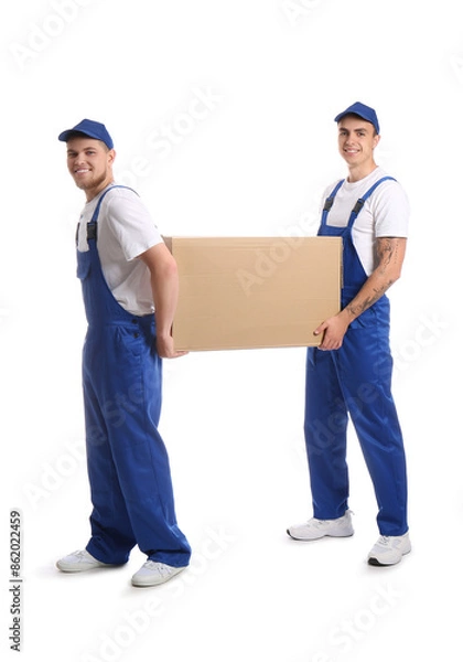 Fototapeta Loaders carrying cardboard box on white background
