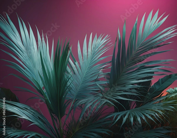 Fototapeta Multiple palm leaves with against a purple gradient background