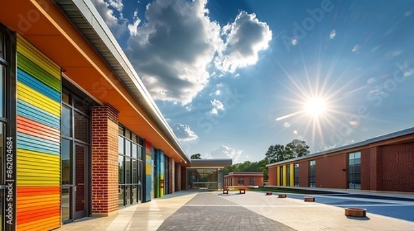 Fototapeta modern elementary school with colorful brick siding, designed to be both inviting and energy efficient, under a sunny sky