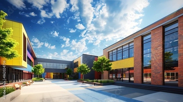 Fototapeta modern elementary school with colorful brick siding, designed to be both inviting and energy efficient, under a sunny sky