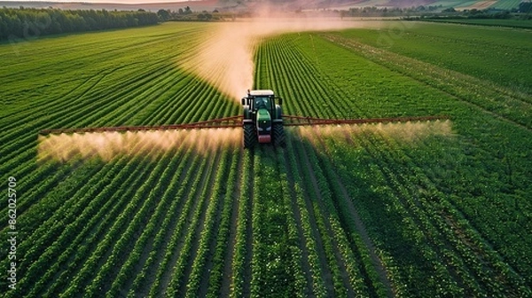Fototapeta Tractor Spraying a Field of Crops