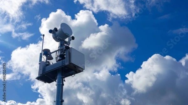 Fototapeta Meteorological Doppler Weather Radar Station Monitoring Weather System Movement with Puffy White Clouds Background