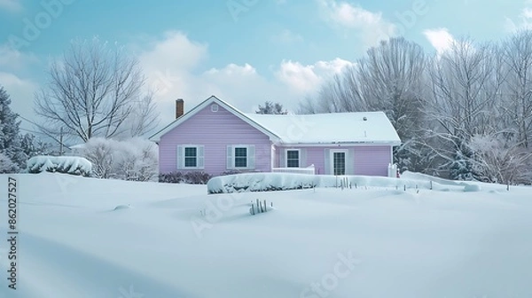 Fototapeta panoramic shot of a home clad in vinyl siding in a pastel lavender, standing serene and unscathed amidst a snowy landscape, displaying its charm and endurance