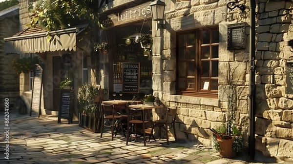 Fototapeta small bistro with a charming stone facade, located in a quiet village, where the stone's warmth and texture invite passersby to step inside