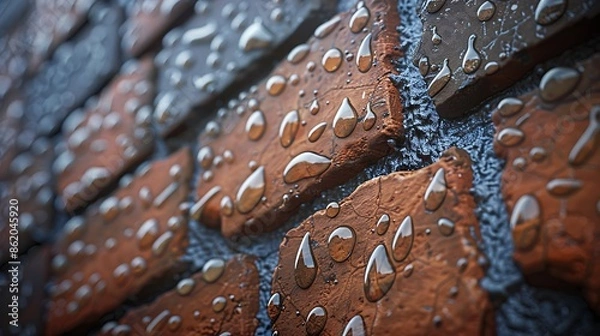 Fototapeta artistic close-up of raindrops on a textured brick wall, highlighting the waterproof features of modern masonry