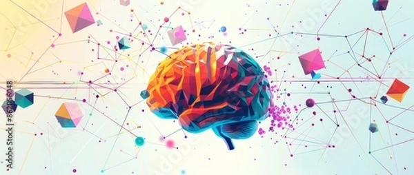 Fototapeta A vibrant and colorful illustration of the human brain, surrounded by an array of interconnected geometric shapes representing neural connections.