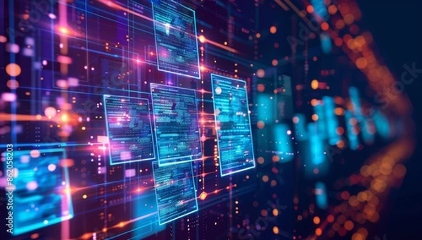 Fototapeta Abstract background with digital file frames floating in the air, representing online data transfer and document management technology concept.