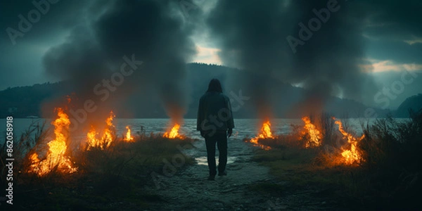 Obraz A solitary figure walks towards a lake, surrounded by burning vegetation and dark smoke. The scene is set against a moody, overcast sky, evoking themes of desolation and intensity