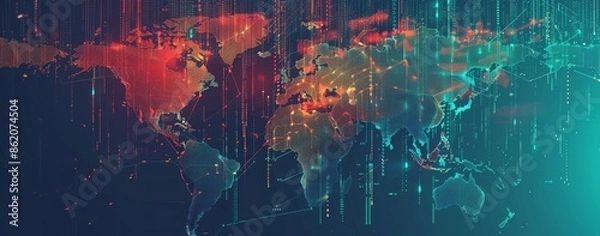 Fototapeta Digital world map background with binary code and global network connections, data transfer technology concept banner design.