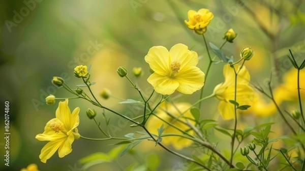 Obraz Blooming yellow flowers of Gossypium barbadense with blurred backdrop