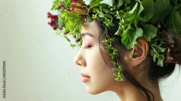 Fototapeta A woman with her head creatively transformed into a vegetable garden, symbolizing the nurturing of mental growth and the connection between diet and mental health.