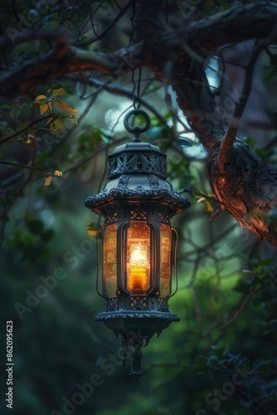 Fototapeta Lantern Hanging from Tree at Night