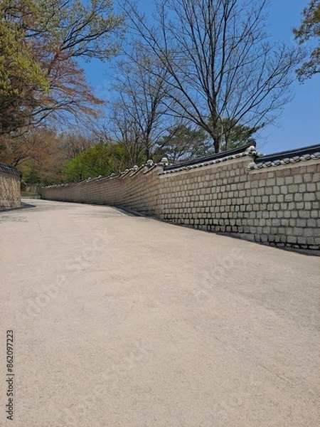Fototapeta A way surrounded by tile capped old stone walls