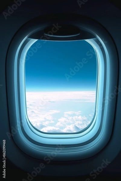 Fototapeta Airplane window, HD airplane windowsill, blue sky in the distance