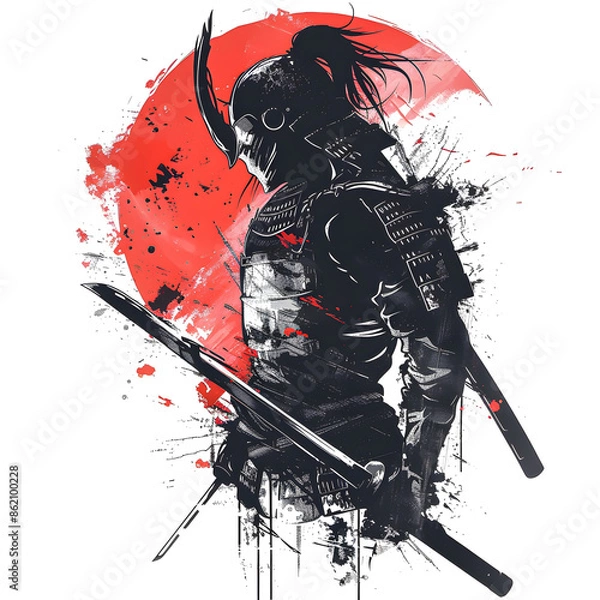 Fototapeta T-shirt design of a cyberpunk street samurai, dystopian, gritty, relentless, with chrome enhancements. Suitable for t-shirt or sticker ready to print.[A-0004]