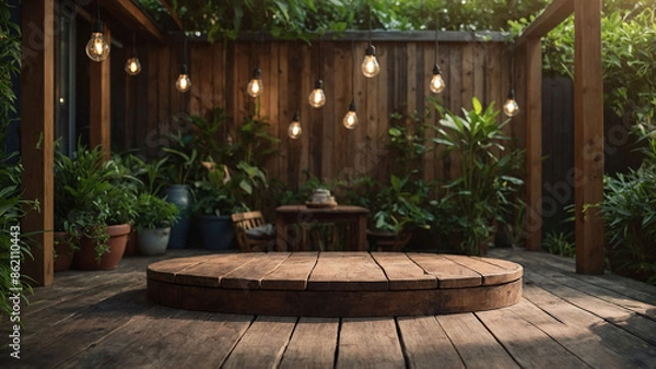 Fototapeta Empty wooden tabletop set in a lush home backyard garden, perfect for outdoor parties. The scene is inviting with greenery and festive elements, offering space for your text or product display