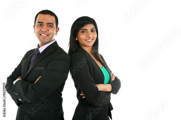 Obraz Asian Indian businessman and businesswoman in group standing with folded hands isolated on white with copyspace. Successful Teamwork concept..