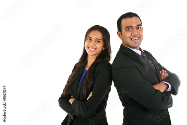 Obraz Asian Indian businessman and businesswoman in group standing with folded hands isolated on white with copyspace. Successful Teamwork concept..