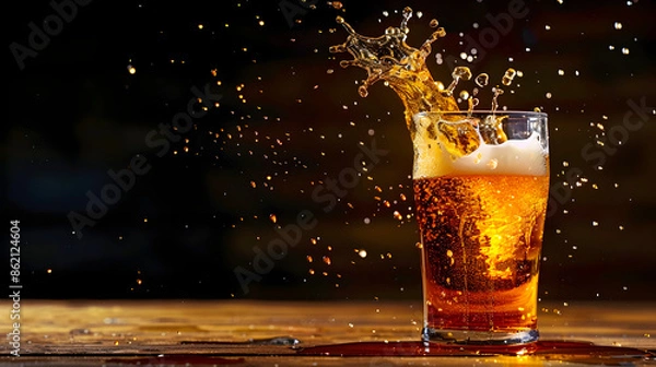 Obraz Splashing beer glass with vibrant golden hued effervescent liquid against a dark atmospheric background