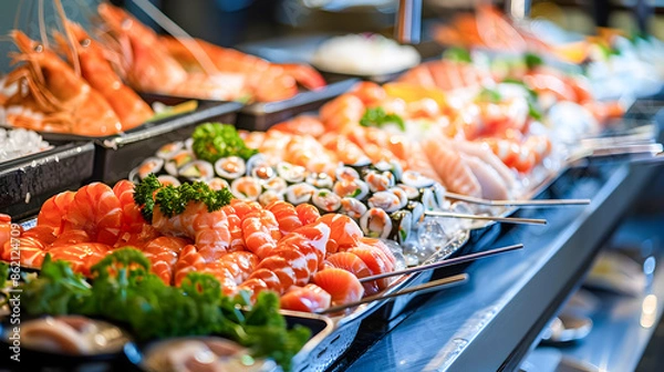 Obraz Tempting Seafood Buffet Spread with Diverse Culinary Delights on Dining Table   Assortment of Fresh Shrimp Crab Fish Oysters and More Presented in an Enticing Gourmet Display for Fine Dining Event