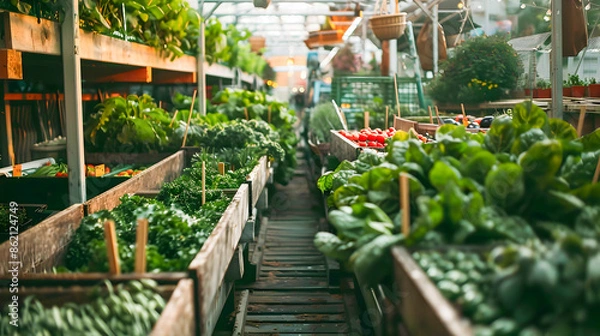 Obraz Thriving urban greenhouse with lush greenery and various vegetables showcasing sustainable farming practices and eco friendly cultivation techniques for self sufficient living