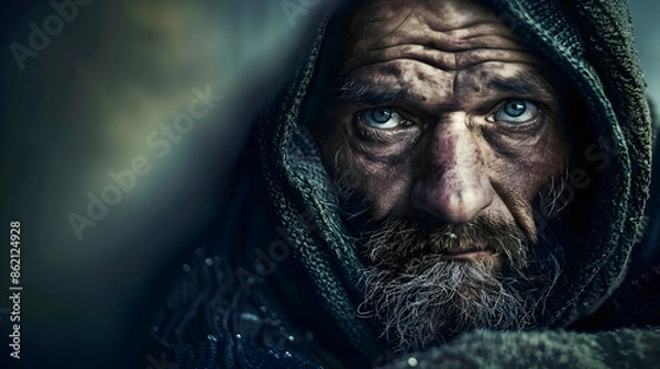Obraz Weathered lined face of a homeless man with a dark hood and beard portraying the hardship struggle and despair of living on the streets in poverty  The dramatic