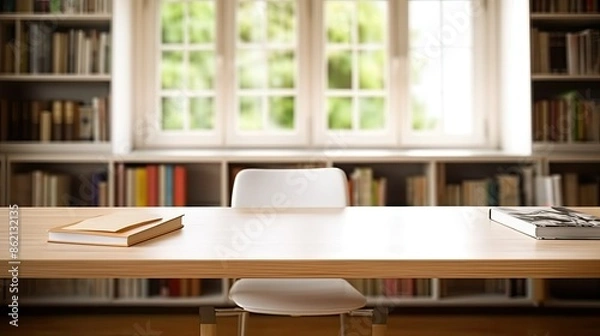 Fototapeta white table with books, stationery and copy space in blurred study room