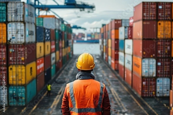 Fototapeta A dock worker in a reflective vest and hard hat surveys stacked containers at an industrial port. The scene showcases the vastness of shipping operations and labor intensity.