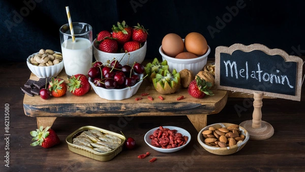 Fototapeta A display of assorted fresh foods high in melatonin to aid in good sleep.