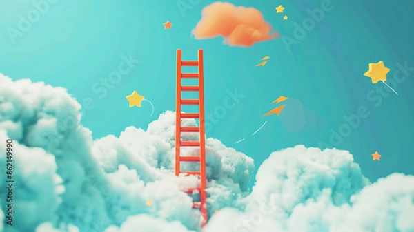 Fototapeta Ladder extending into the clouds at night with stars in the sky, perfect for dreams and aspirations themes.