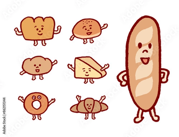 Fototapeta こんがり焼けたかわいいパンのキャライラスト