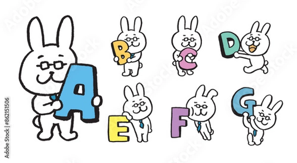 Fototapeta ネクタイとメガネを付けた先生風のうさぎのキャラ素材