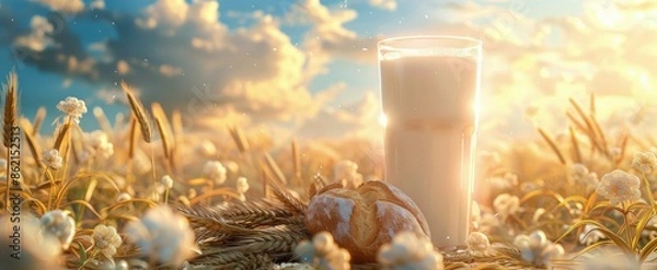 Obraz A Glass of Milk and a Loaf of Bread in a Field of Wheat at Sunset